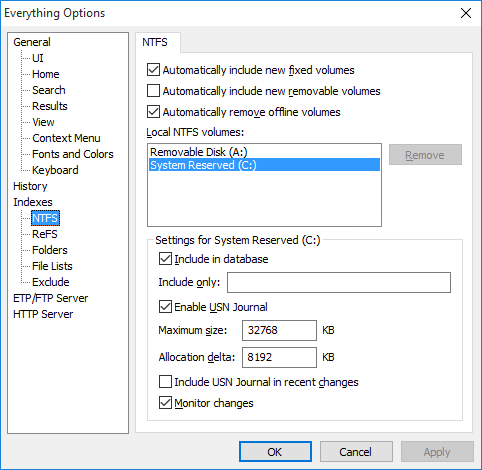 Everything Options NTFS